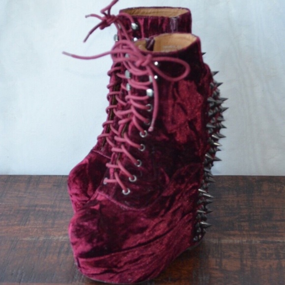 Jeffrey Campbell Spike Damsel Wine Velvet Booties Wedge 7.5 - Picture 4 of 10